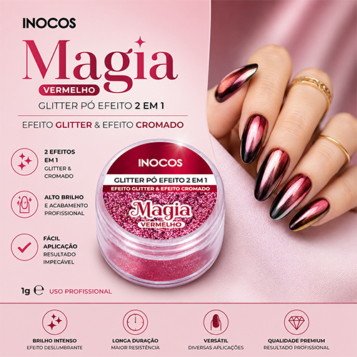 Glitter Pó Efeito 2 em 1 INOCOS Magia Vermelho 3g
