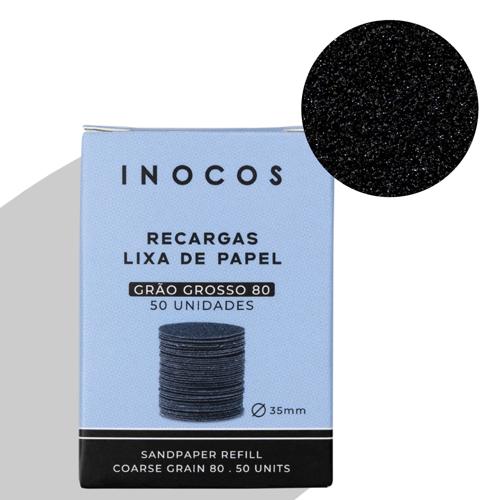 Recargas INOCOS Lixa de Papel-Grão Grosso 80 Compatíveis com a Lima Elétrica INOCOS. Grão Grosso 80 para remoção intensa de calosidades. Elevada abrasividade para pele endurecida. Utilização descartável para máxima higiene. Aplicação rápida e fácil. Ideais para uso profissional em pedicure. Pack com 60 recargas.